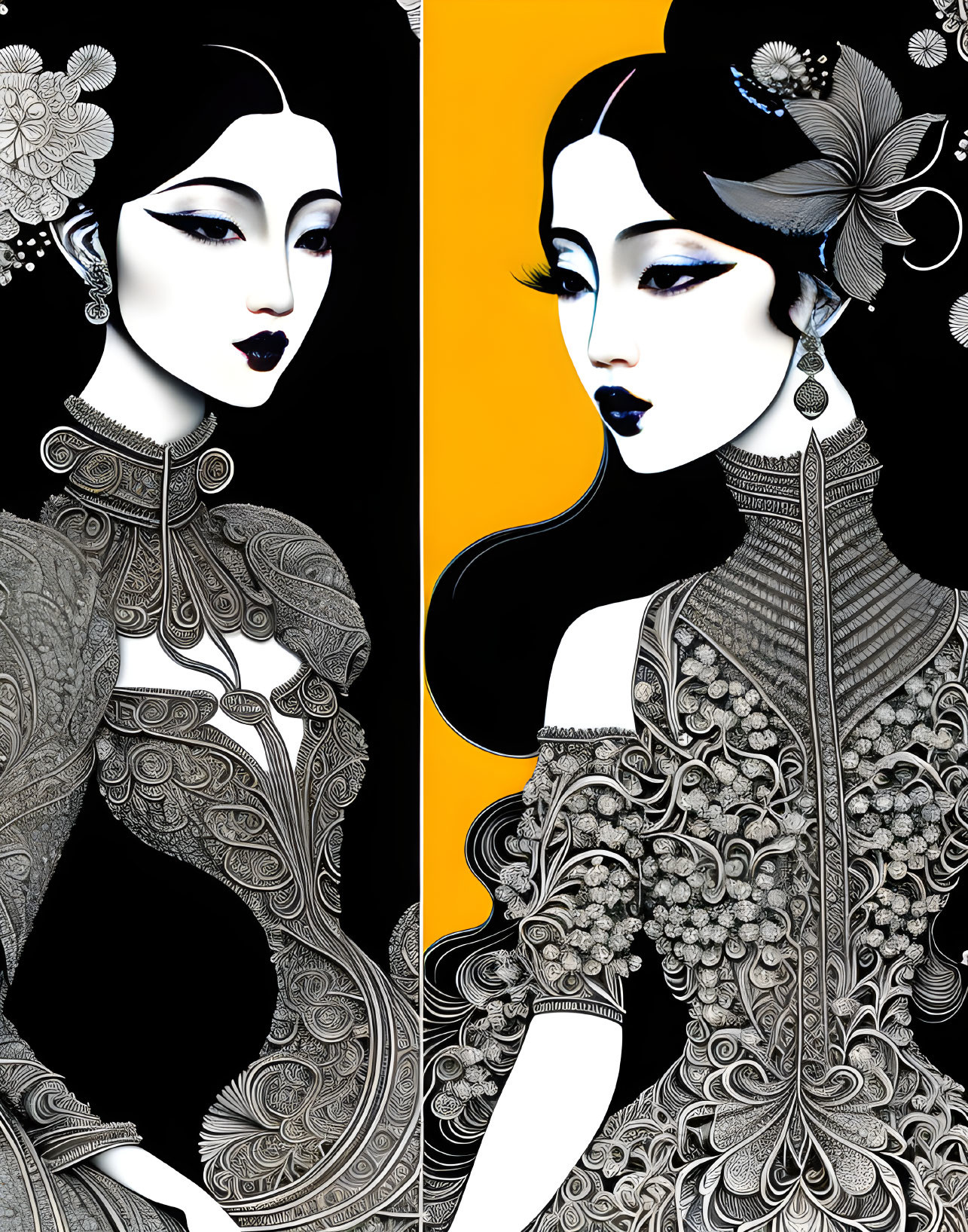 Symmetrical floral-patterned portraits of women in traditional attire on black and yellow backgrounds