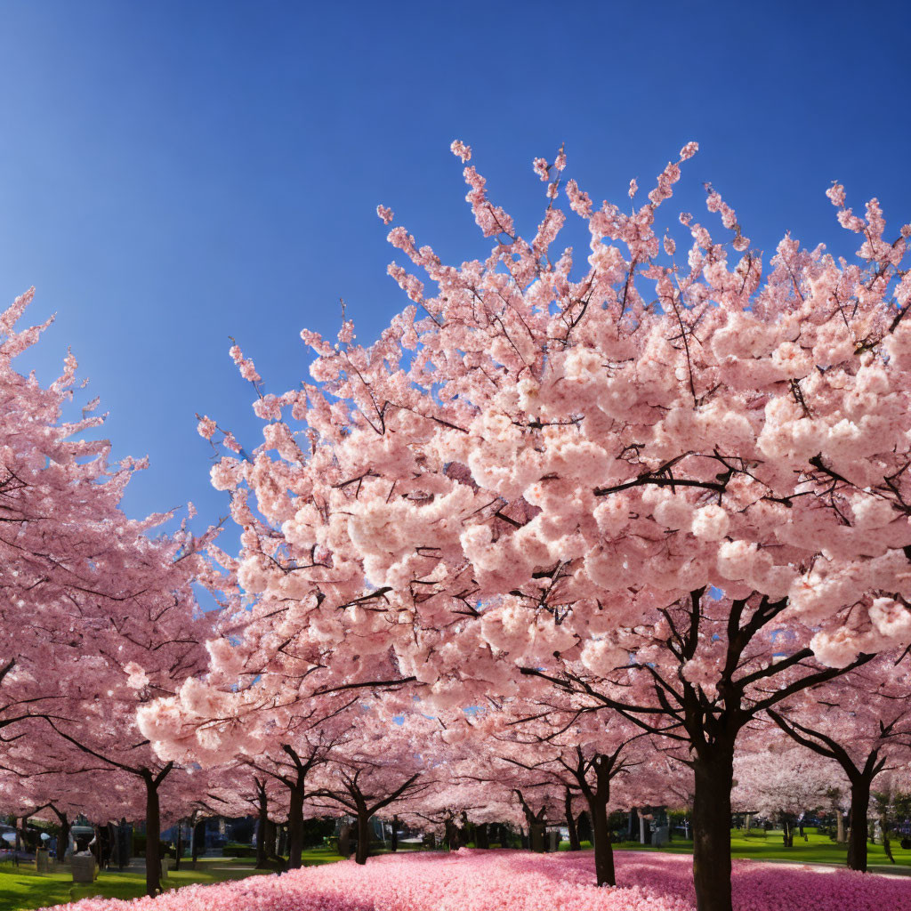 Pink Cherry Blossoms in Grassy Park Under Blue Sky