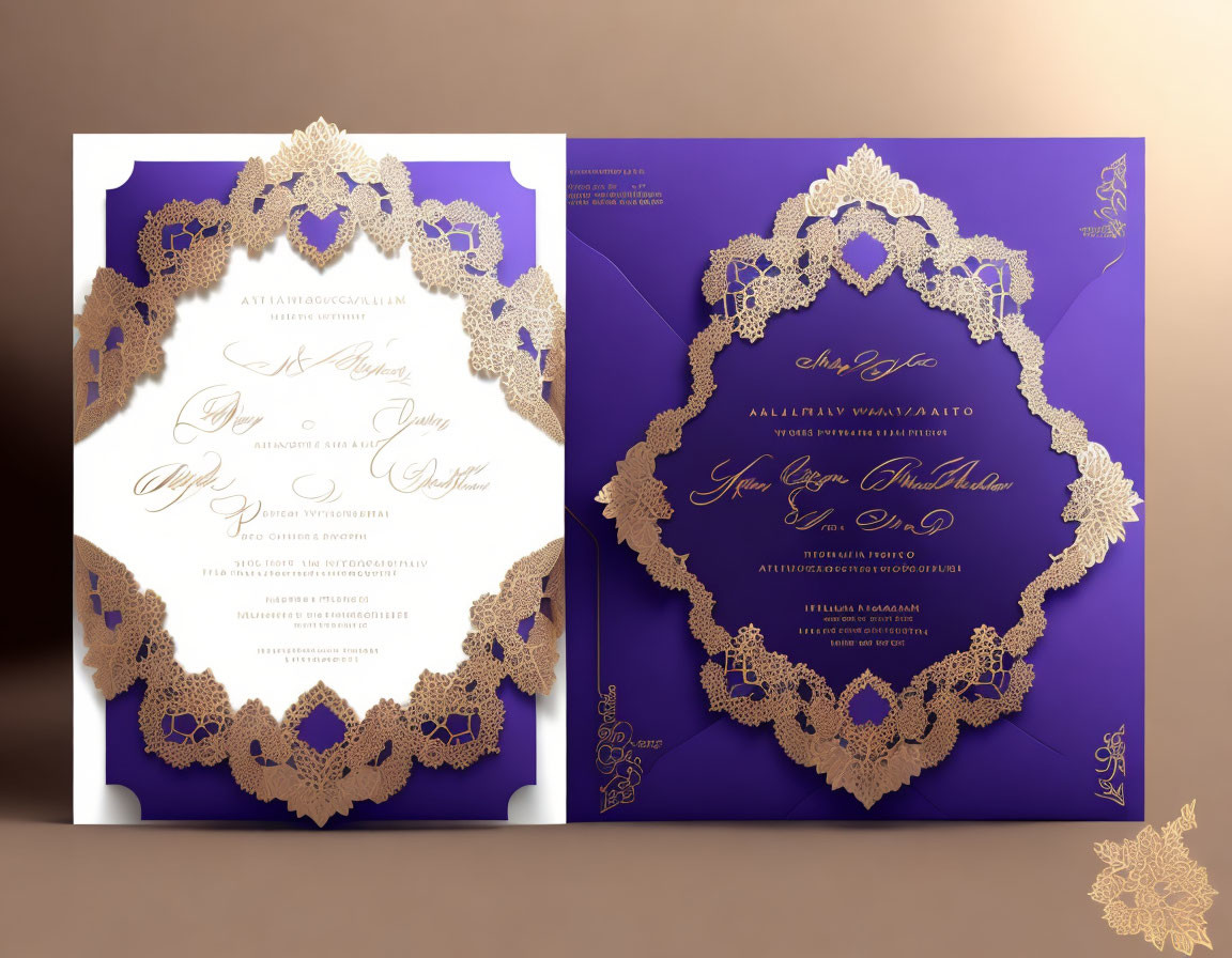 Elegant gold lace wedding invitation on royal blue background