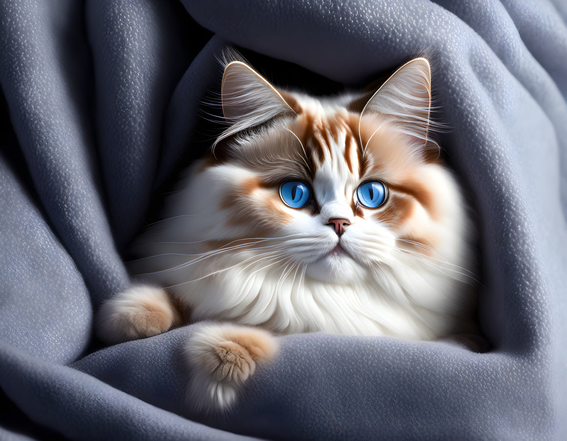 Fluffy white and brown cat with blue eyes on blue fabric