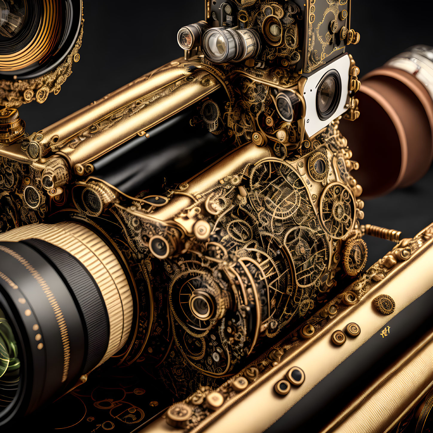 Intricately designed steampunk camera with cogs and mechanical elements on dark background