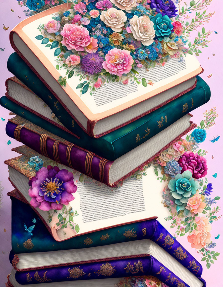 Collection of ornate blue and purple books with realistic floral illustrations