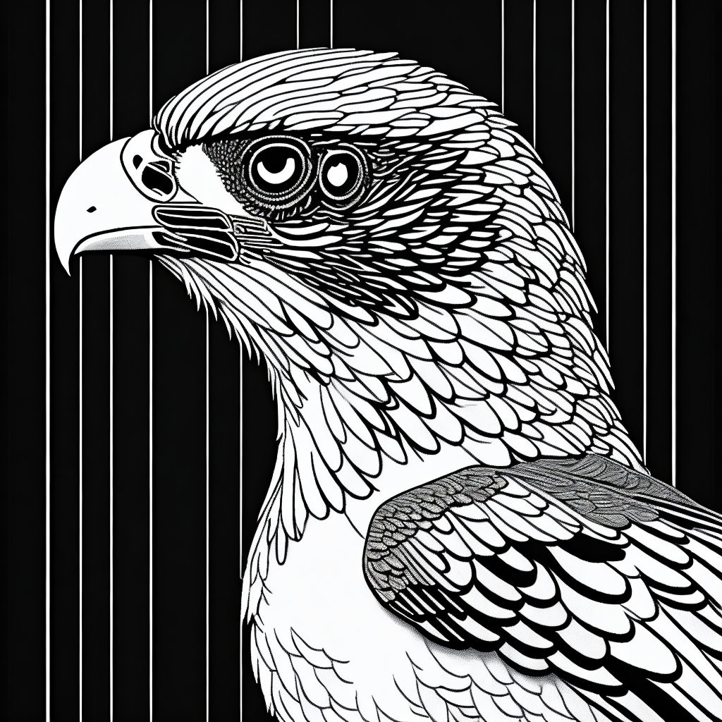 Detailed monochromatic eagle head profile illustration on vertical lined background