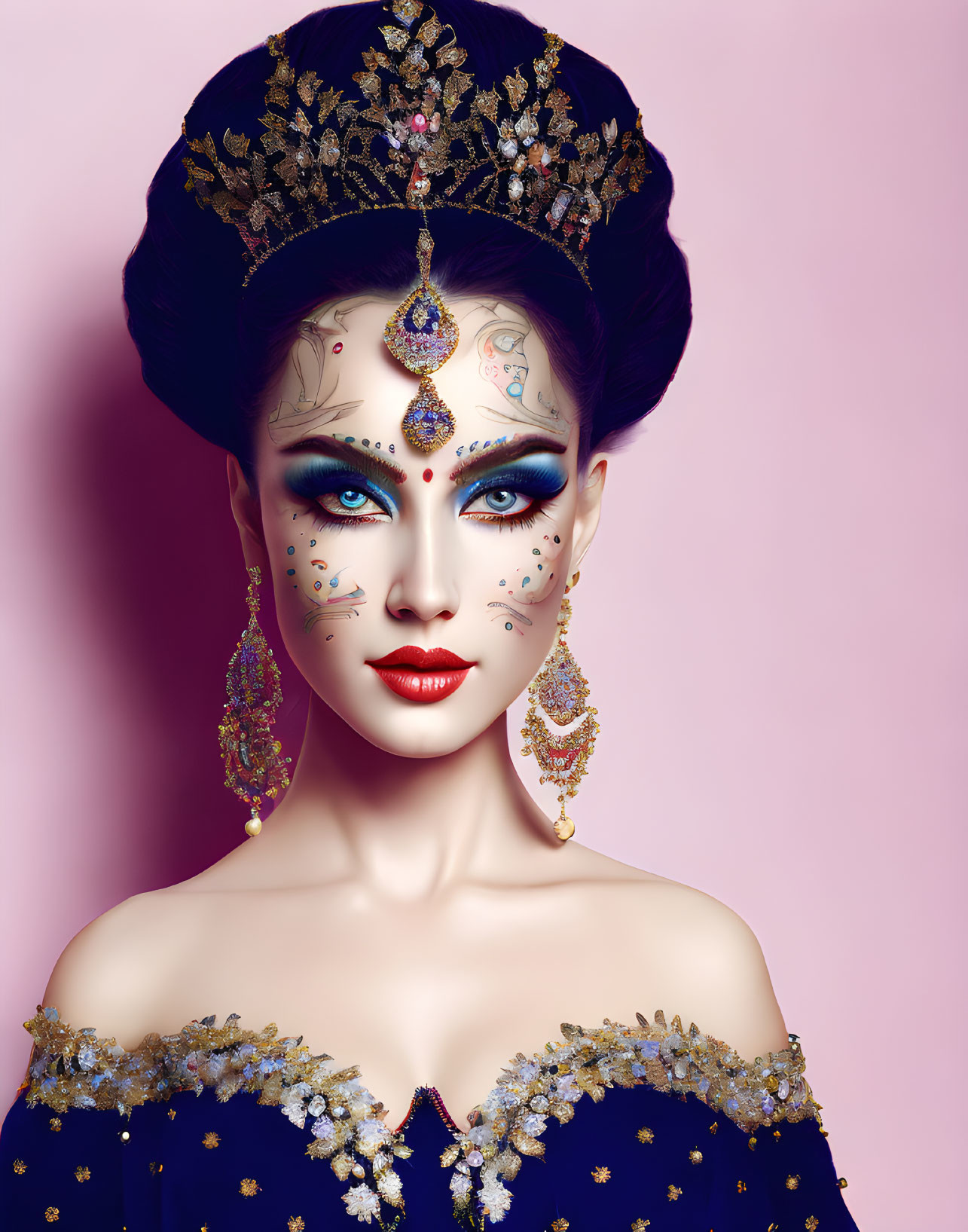 Woman with artistic makeup and intricate headdress on pink backdrop