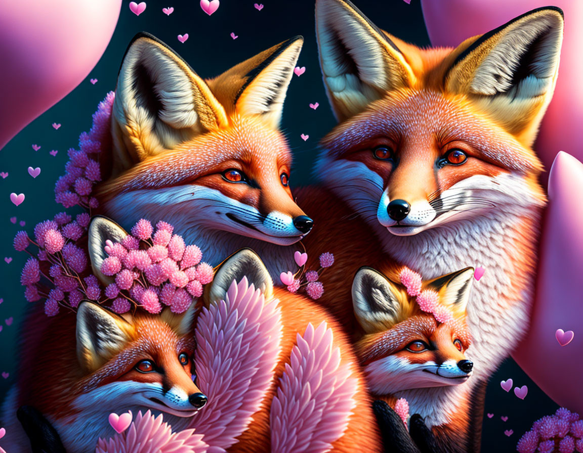 Colorful Fox Illustration with Flowers and Hearts on Dark Background