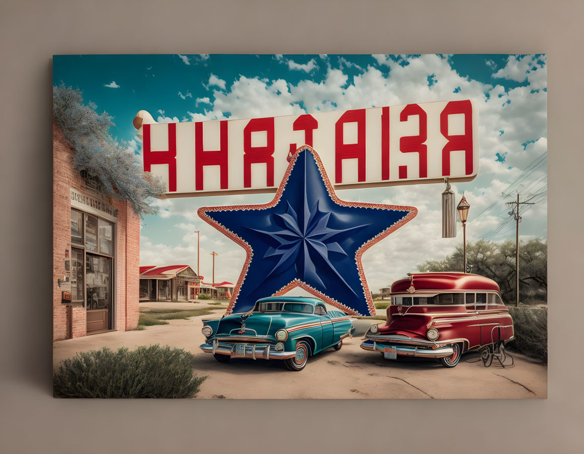 Classic cars at retro gas station with blue star and "HHR 81 AIR" sign under cloudy