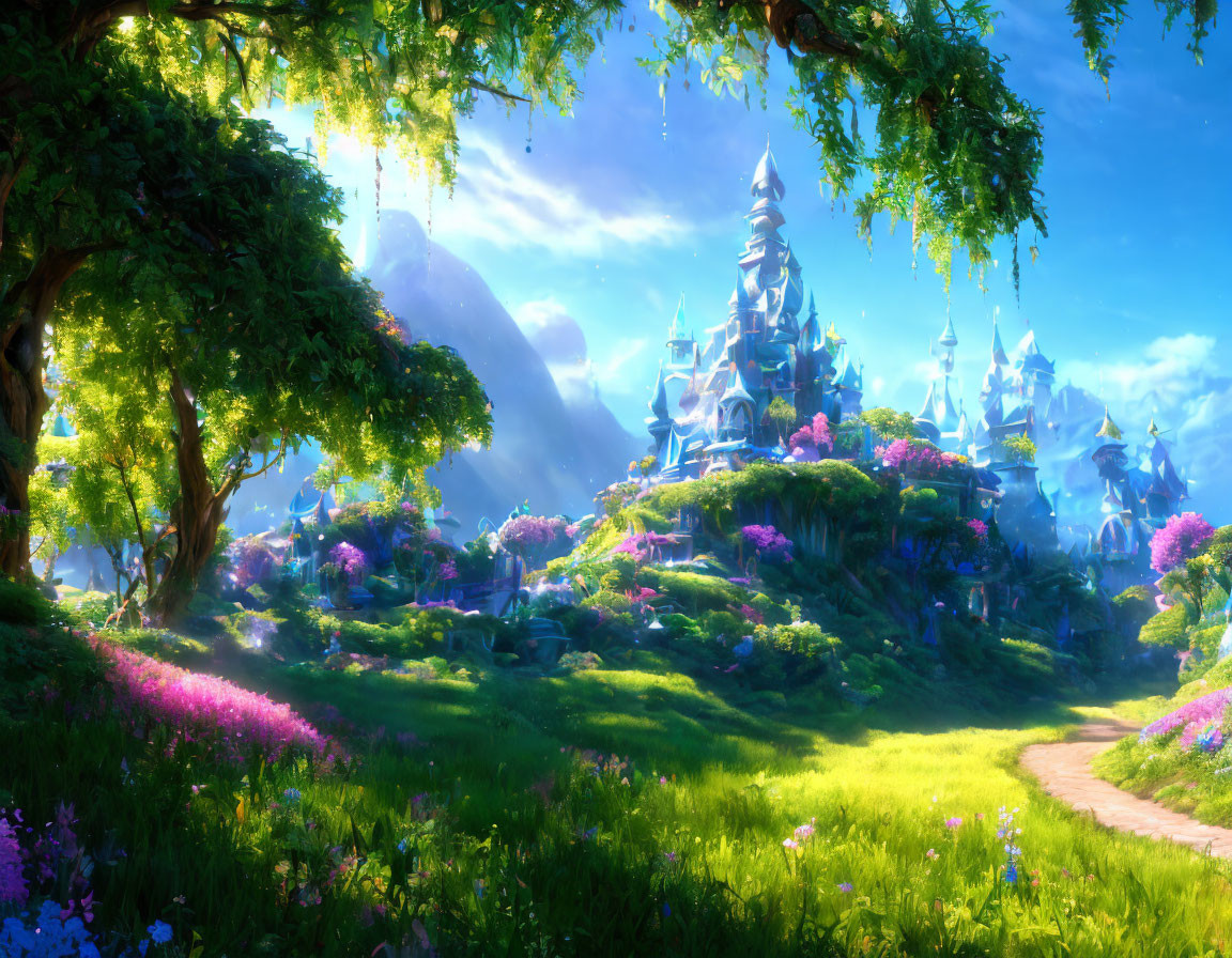 Majestic castle on hill in vibrant fantasy landscape