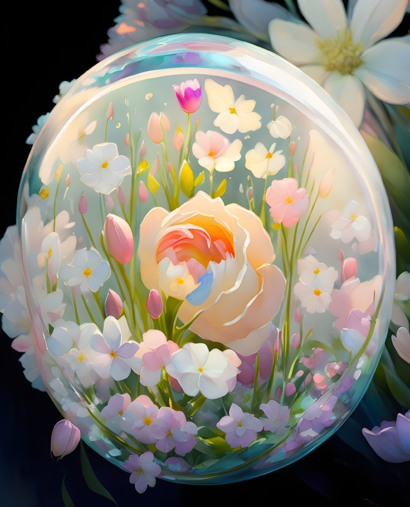 Colorful Flower Illustration in Transparent Bubble on Dark Background