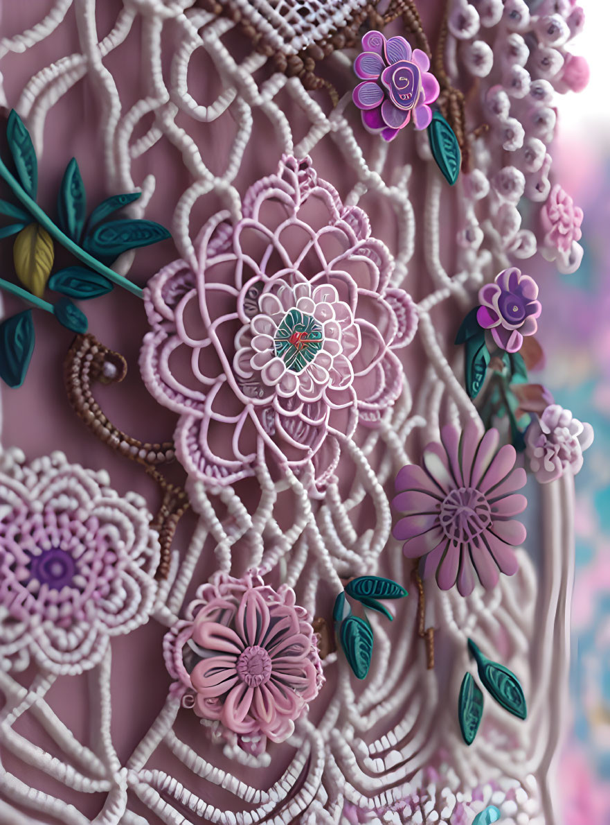 Detailed Pastel 3D Lace Pattern with Floral and Leaf Motifs