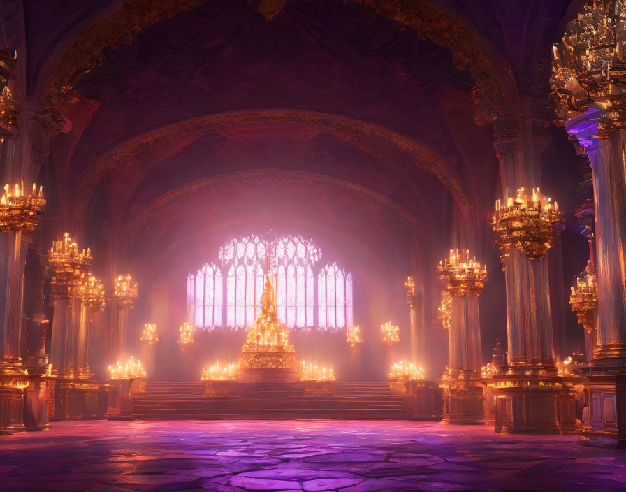 Elegant dimly lit hall with purple hues, ornate chandeliers, stained glass window,