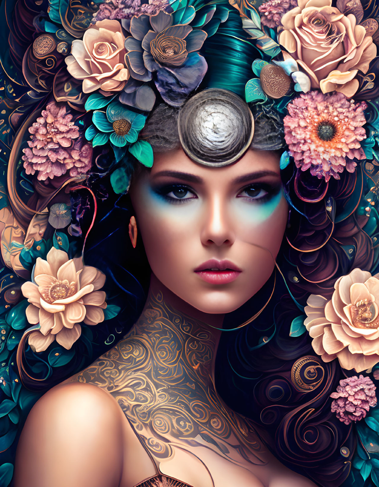 Ethereal woman portrait with floral headdress, blue-green hues, and intricate tattoos