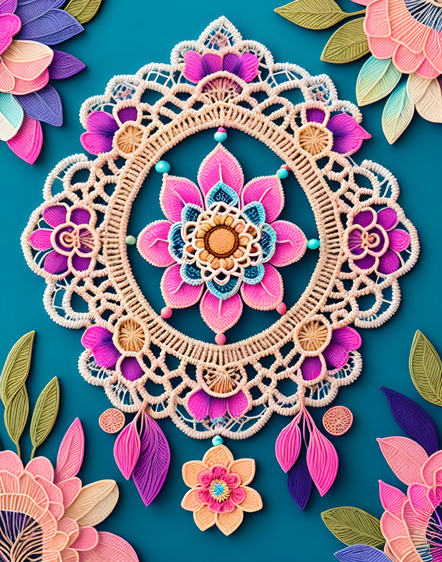 Vibrant embroidered mandala with floral patterns on teal background