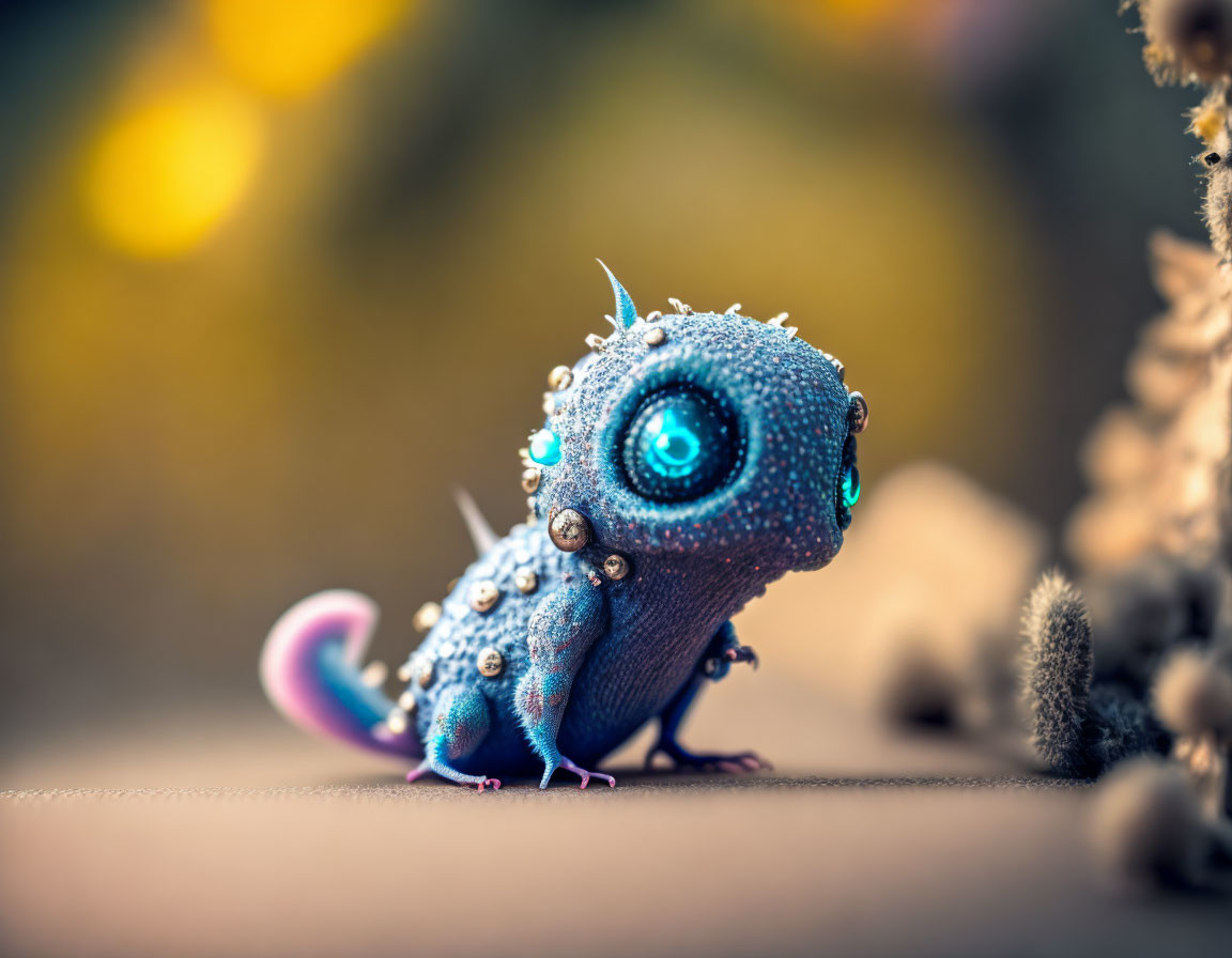 Blue textured digital creature with expressive eye on soft natural background