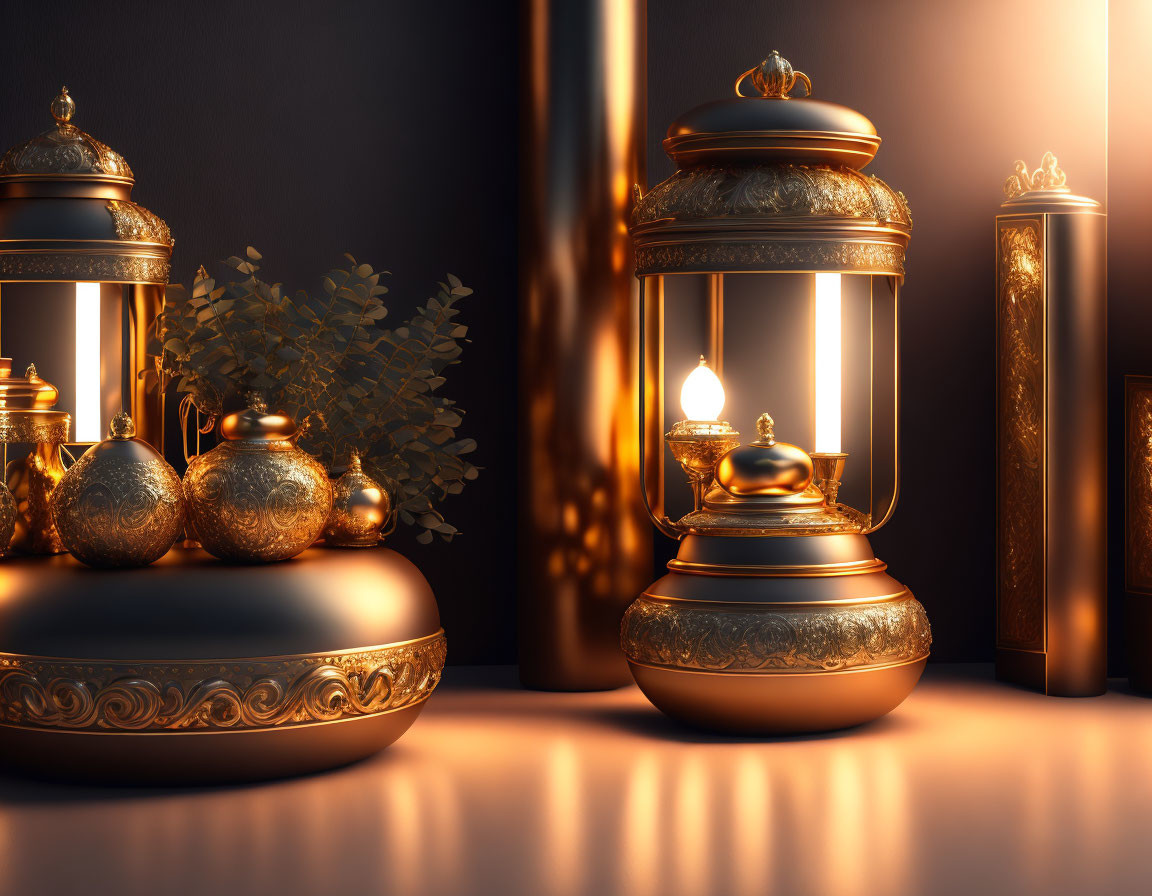 Luxurious golden lanterns and vases in elegant setting