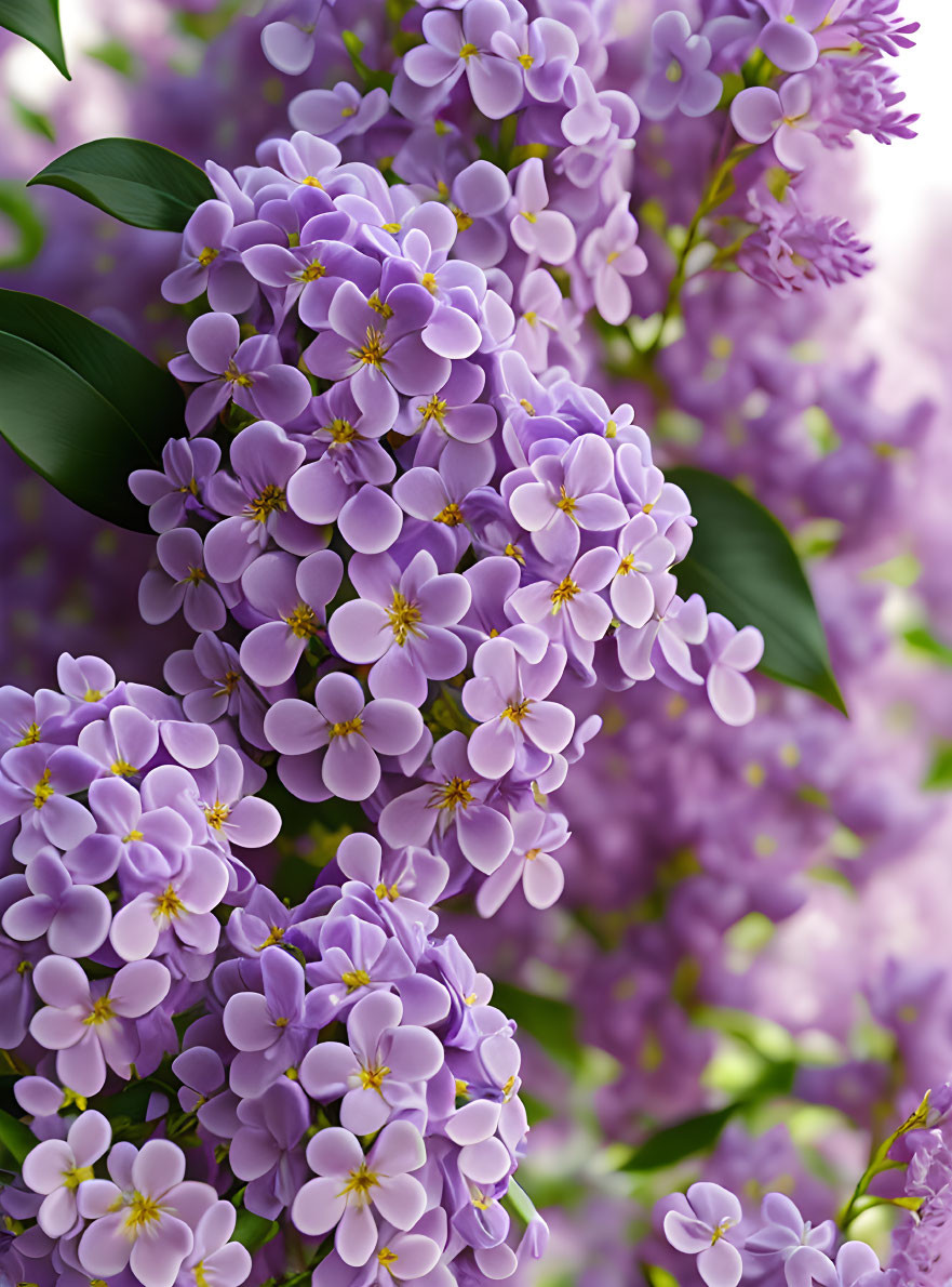 Vibrant lilac flowers and green leaves on blurred purple backdrop