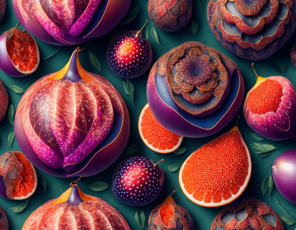 Colorful Fantasy Fruit Illustrations on Teal Background