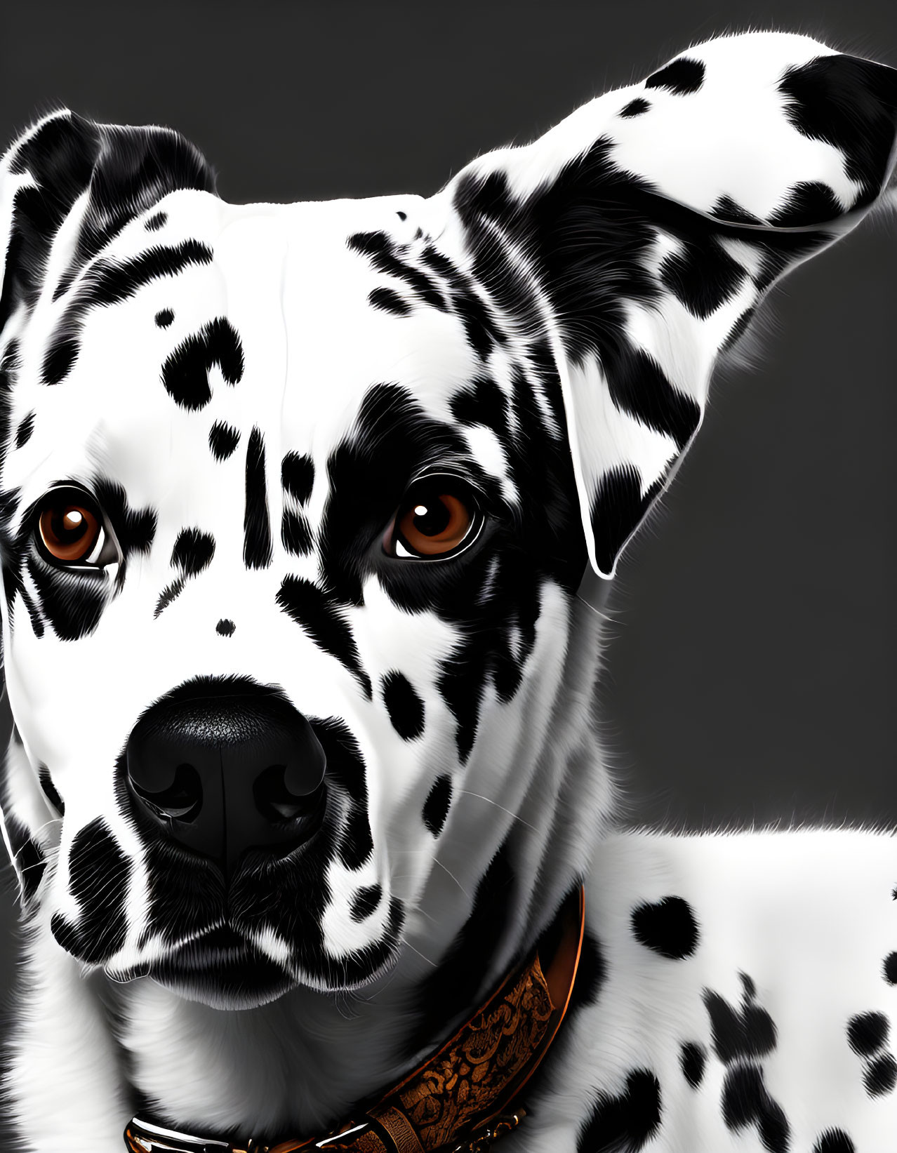 Dalmatian Dog with Black Spots and Brown Eyes on Grey Background