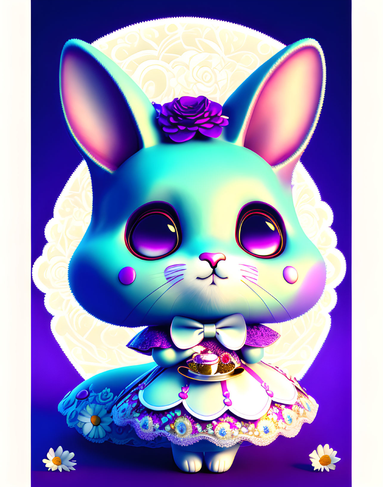 Colorful illustration: Blue bunny with bow tie and flower on ear on purple background