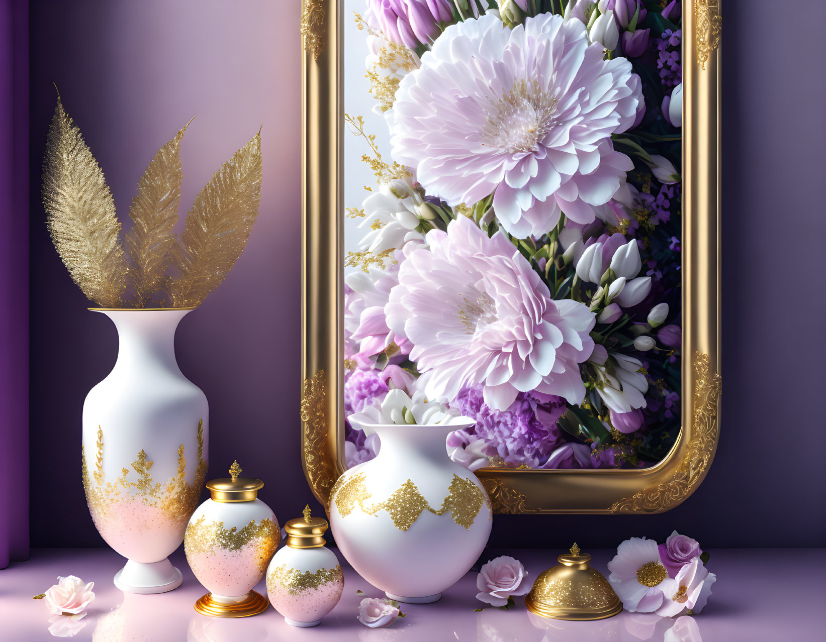 Golden-framed mirror reflecting peonies, vase, and decor on purple backdrop