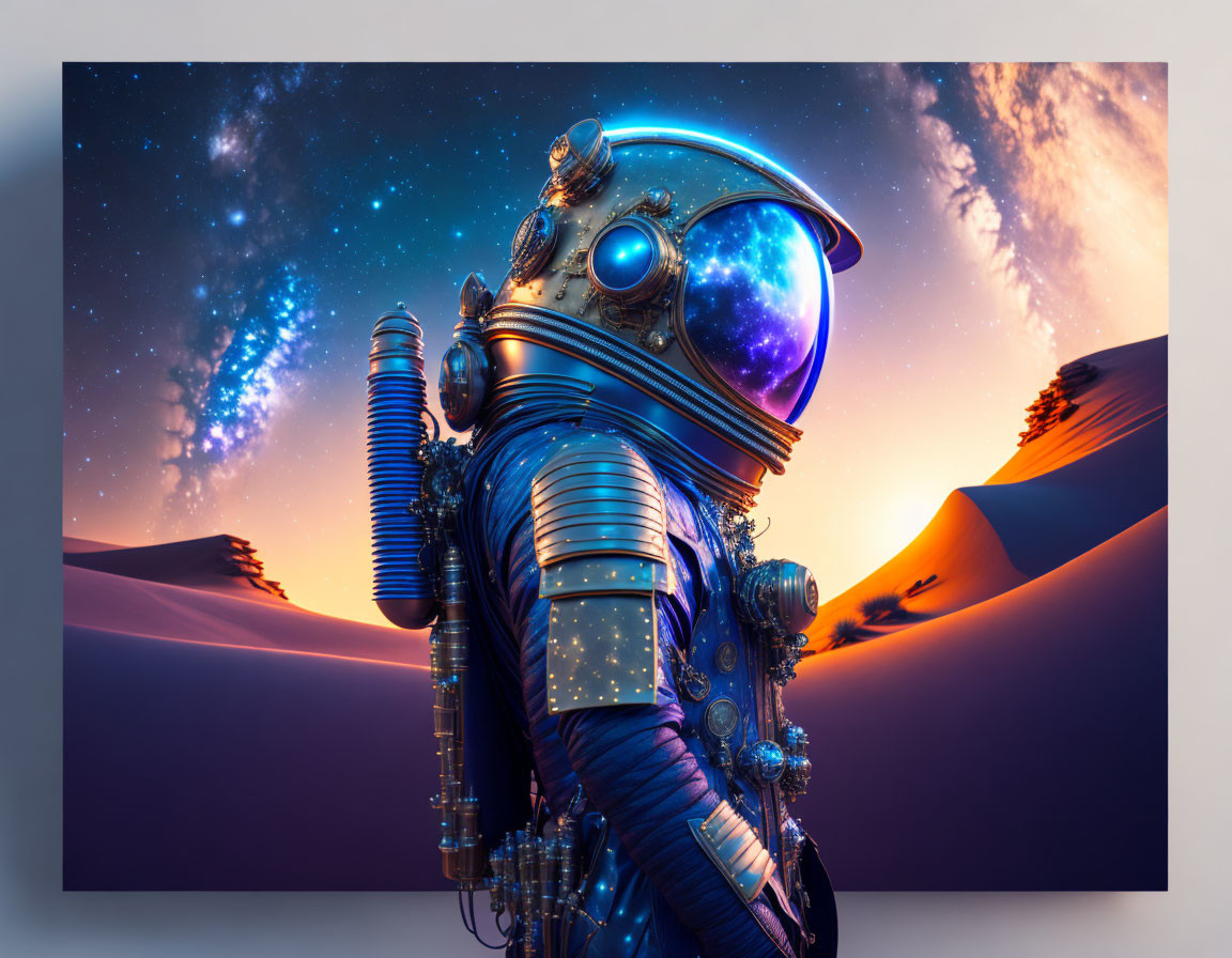 Detailed astronaut suit on desert dune under starry sky & warm sunset