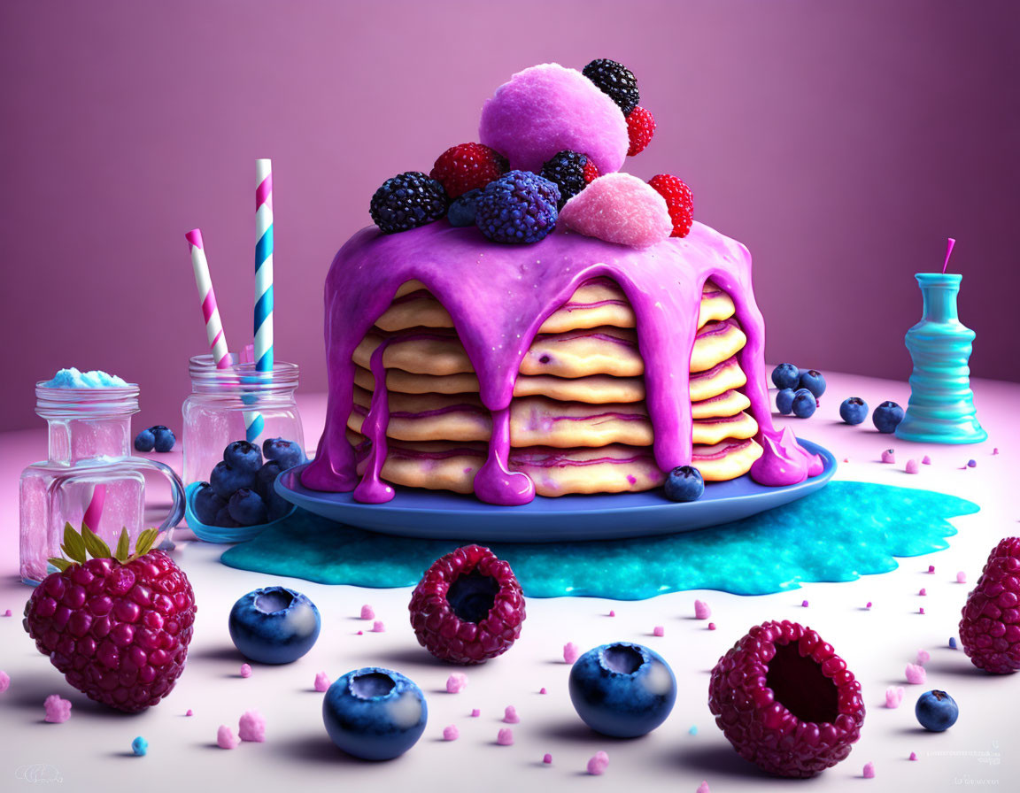 Vibrant digital artwork of colorful pancake stack with purple syrup and berries