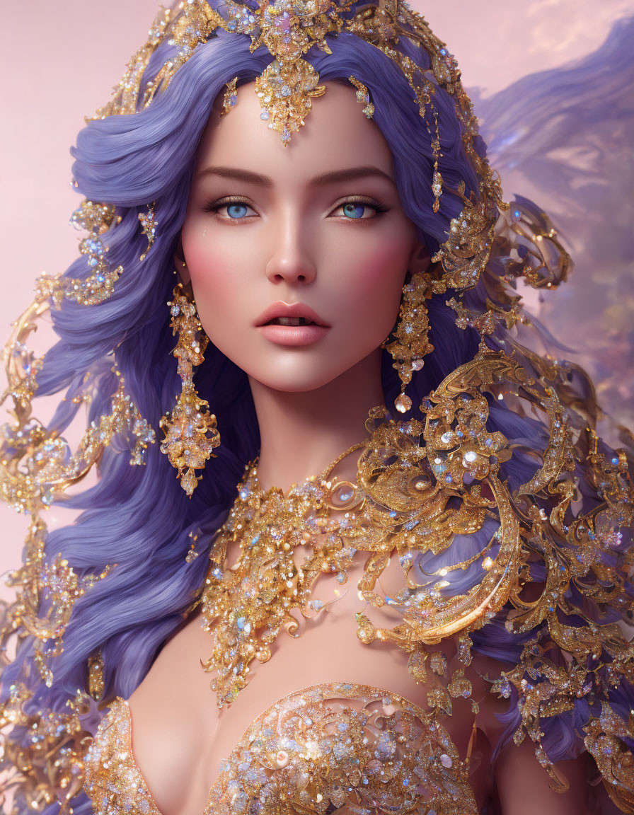 Digital portrait: Woman with violet hair, green eyes, gold jewelry, ornate headdress