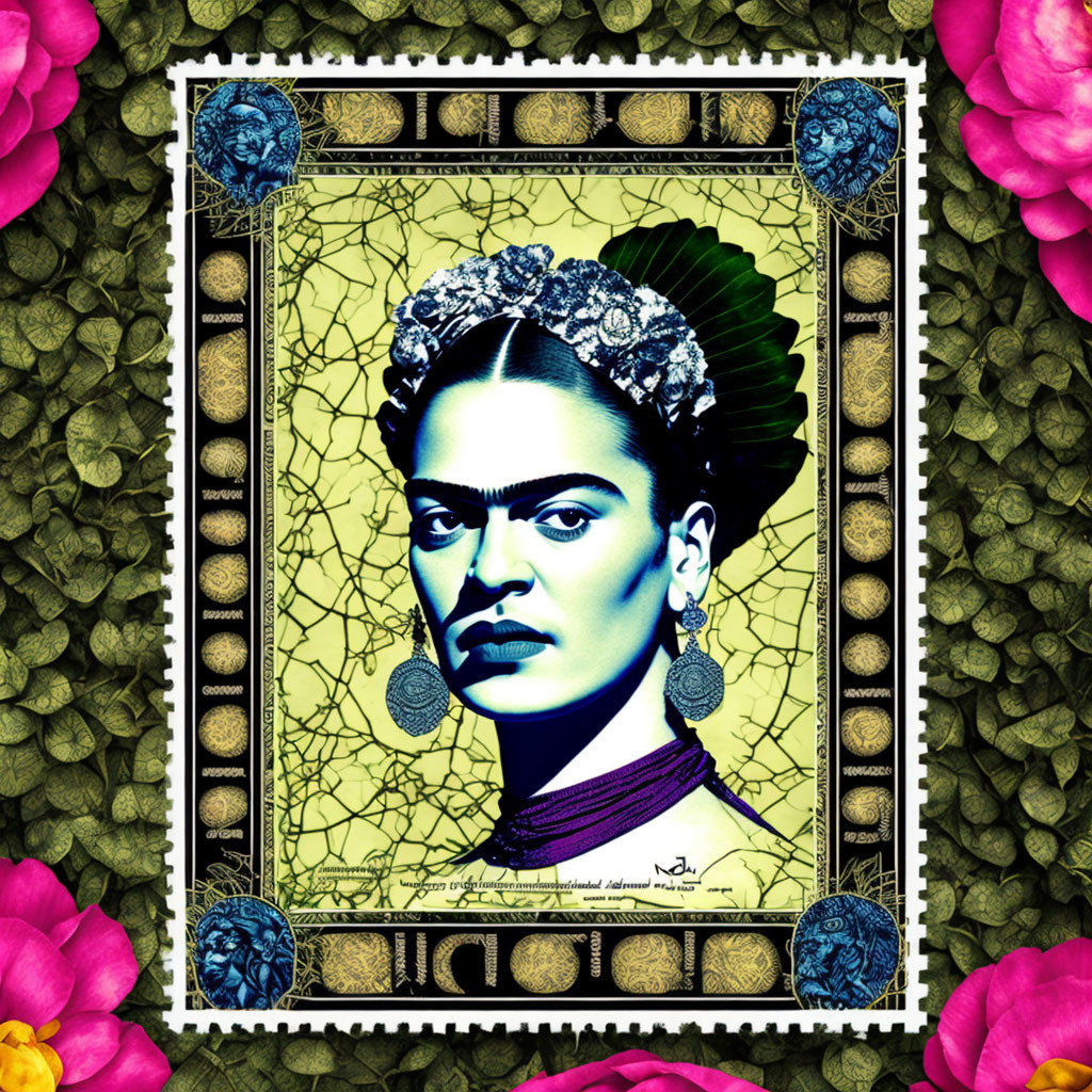 Stylized woman portrait with unibrow, flowers, golden frame, green leaves, and pink