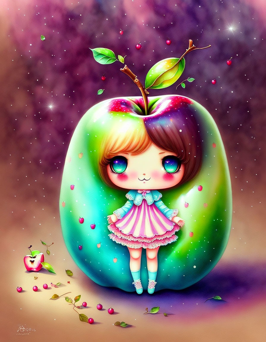 Colorful Apple-Shaped Doll Character in Whimsical Illustration