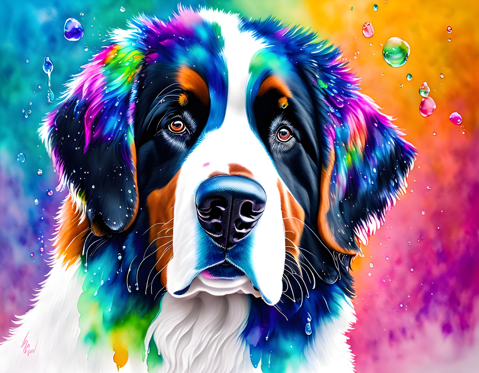 Colorful Bernese Mountain Dog portrait on rainbow background with bubbles.