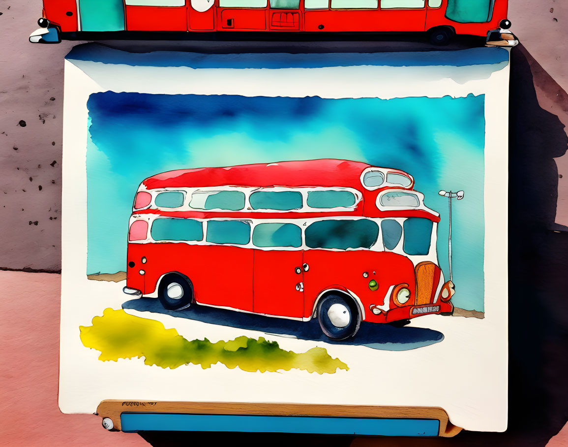 Colorful Watercolor Painting of Red Double-Decker Bus