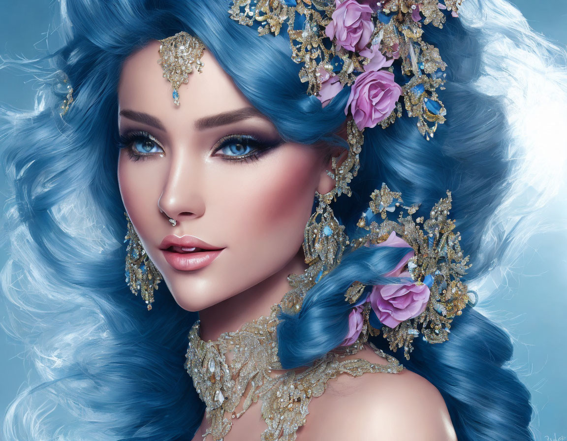 Vibrant Blue Hair Woman with Gold Jewelry and Pink Roses in Fantasy Art