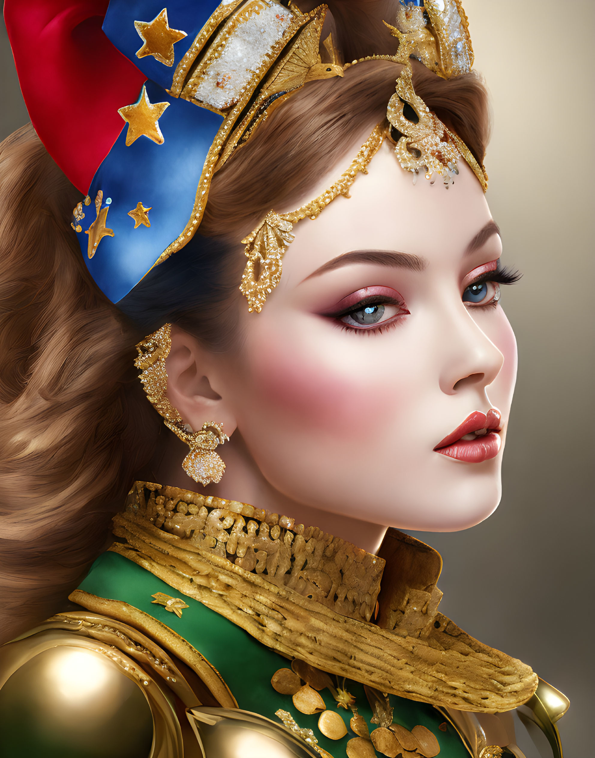 Detailed illustration of woman in golden headgear and uniform with jeweled crown and star-adorned ep