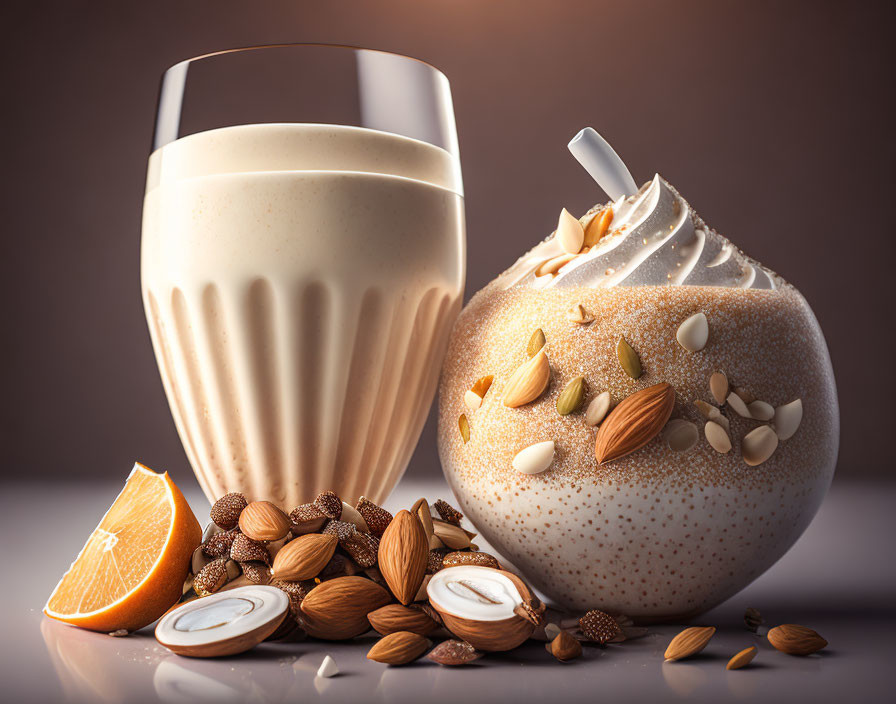 Creamy milkshake with peach, nuts, almonds, orange slice, and seeds.