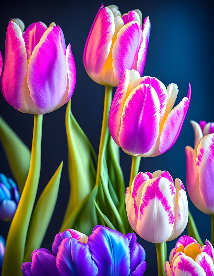 Vibrant Purple and White Tulips on Dark Blue Background