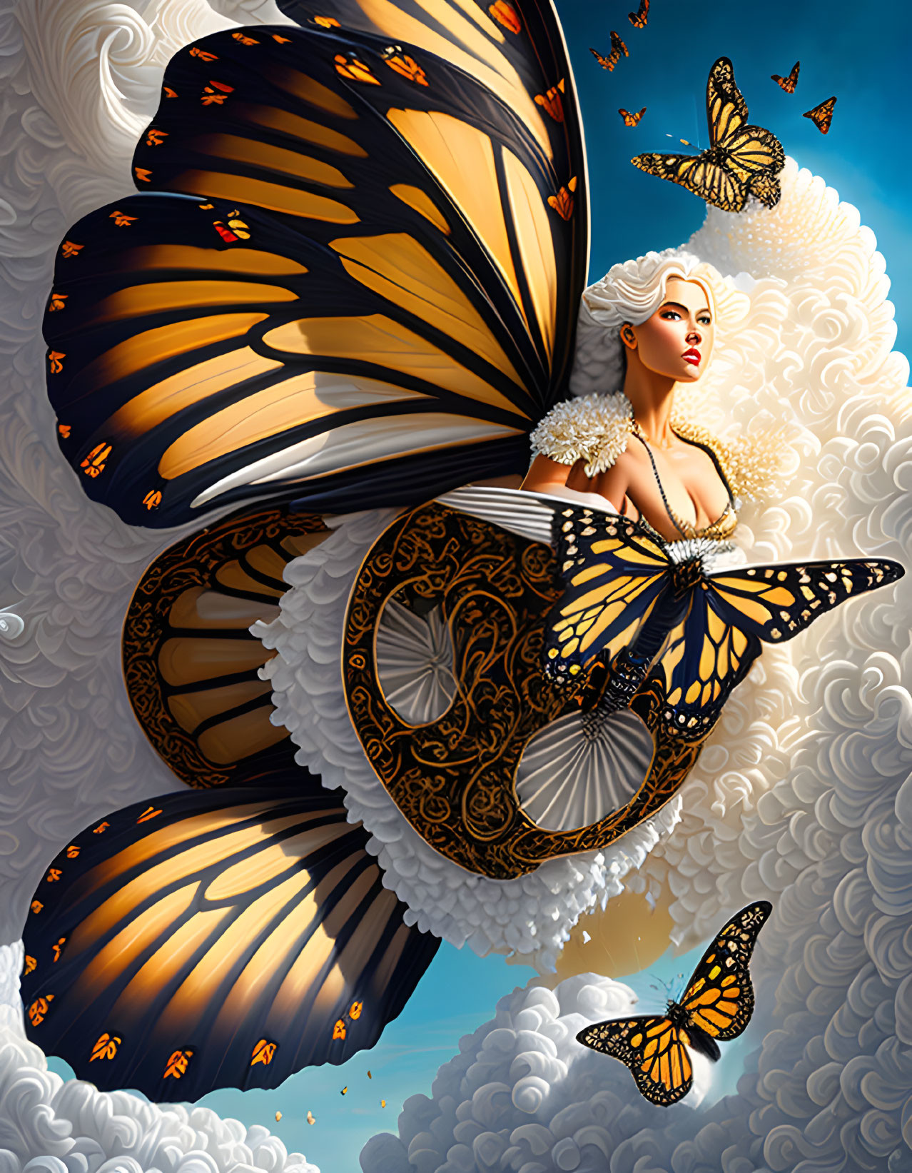 Surreal illustration of woman with butterfly wings in cloudy sky