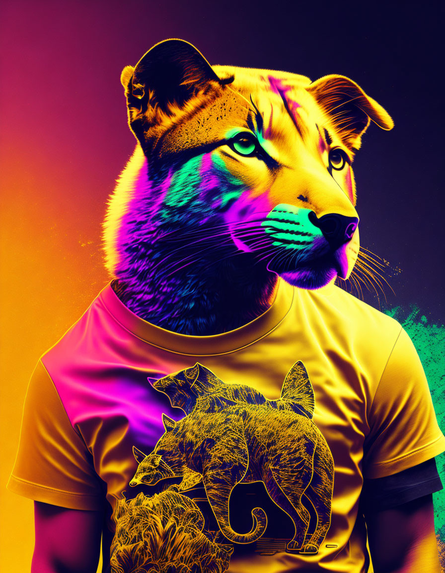 Colorful Fox Portrait with Human Body and Fox Design T-shirt on Gradient Background