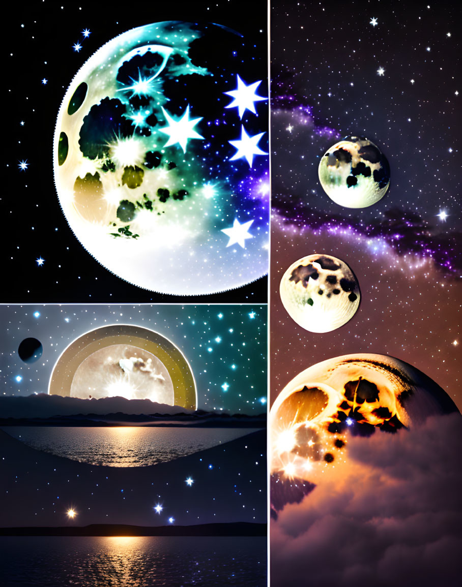 Four Fantasy Moon Collage with Vibrant Colors and Ethereal Effects