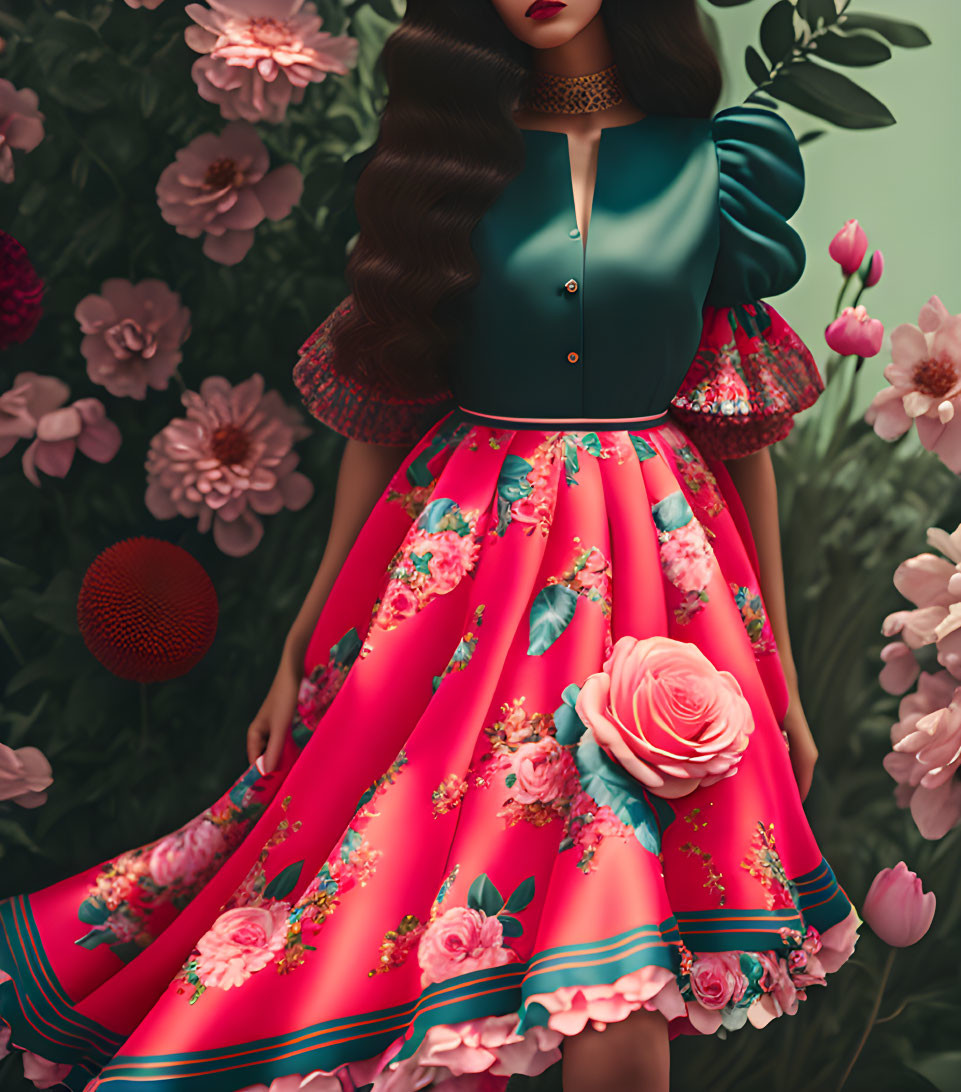 Woman in teal blouse and red floral skirt surrounded by flowers in vintage style