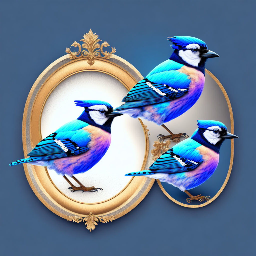 Stylized blue jays on golden frames against deep blue background