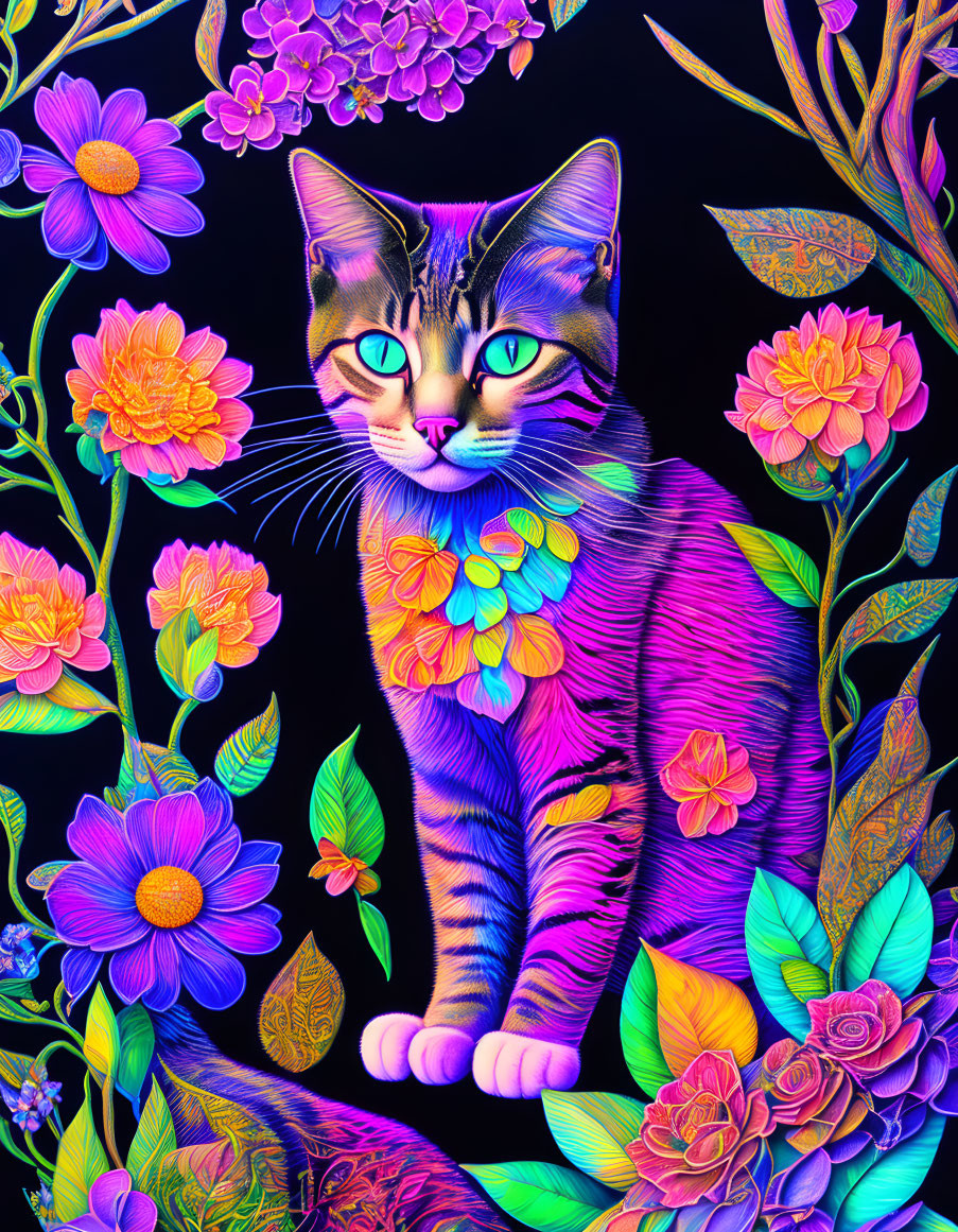 Colorful Cat Illustration Surrounded by Floral Patterns on Dark Background