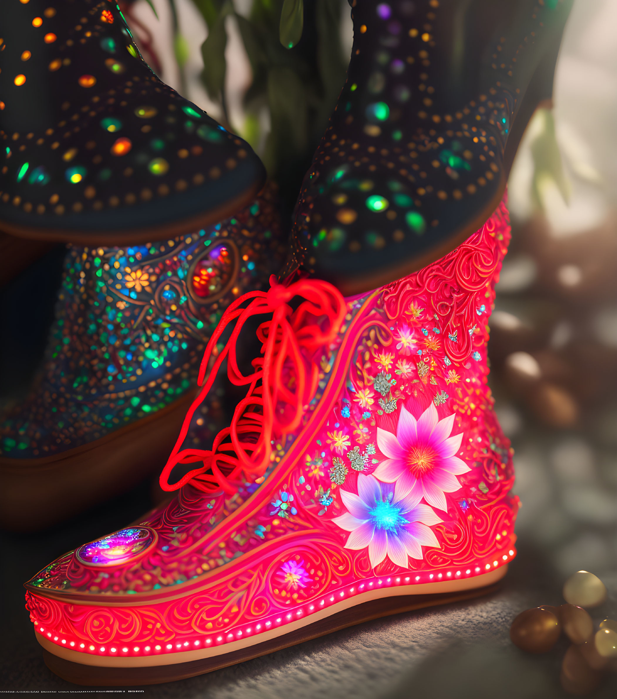 Colorful Fantasy Boots with Floral Patterns and Neon Laces