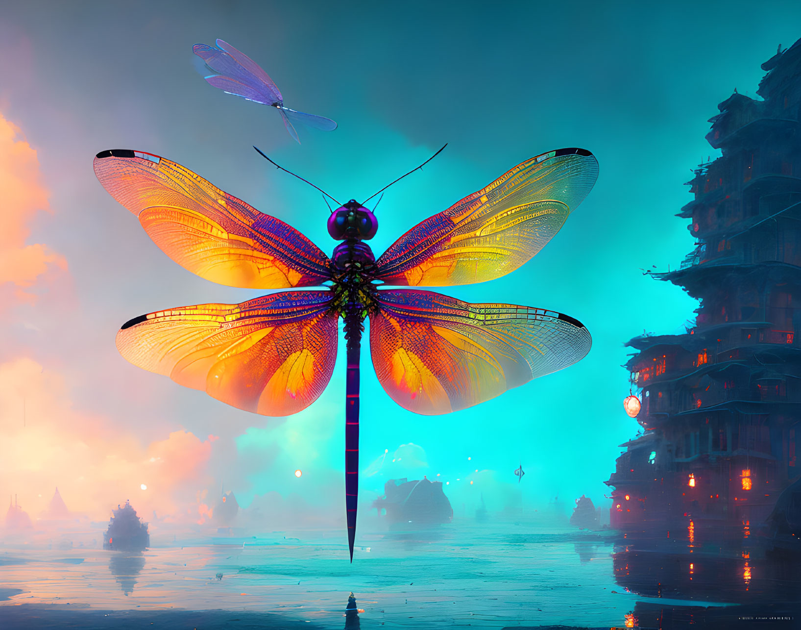 Digital Art: Oversized Iridescent Dragonfly in Misty Asian Cityscape