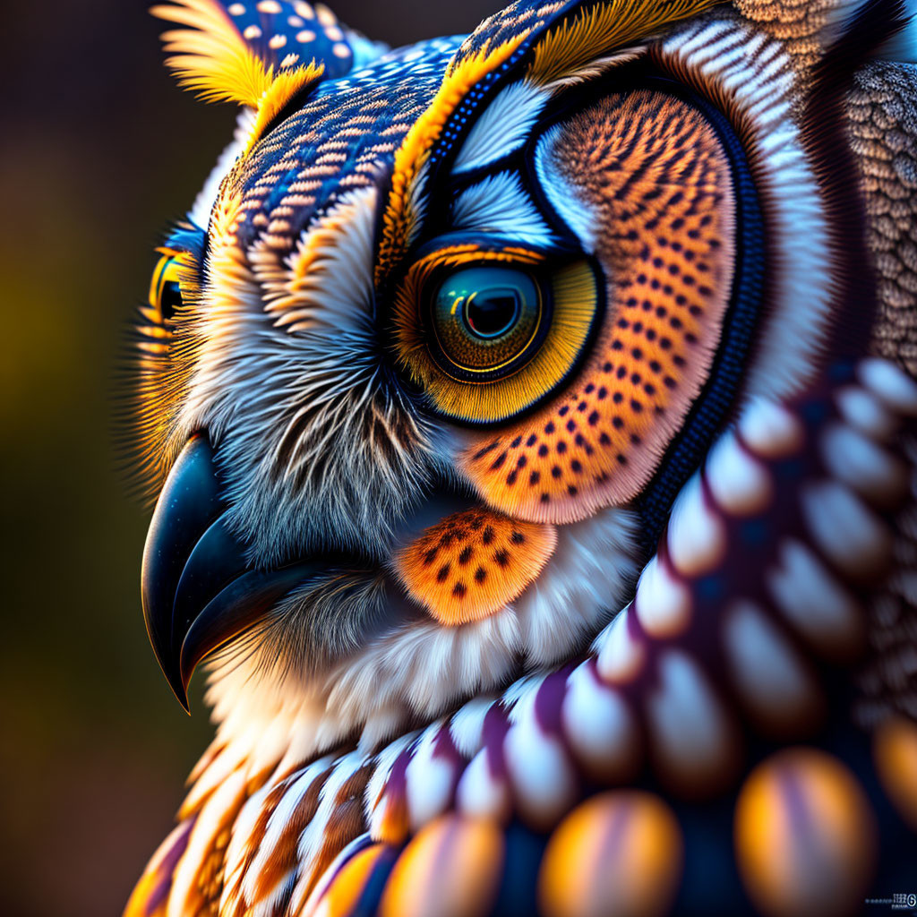 Vibrantly colored stylized owl with intricate orange, blue, and yellow feathers