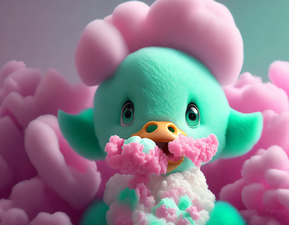 Fluffy green cartoon duckling with pink clouds - whimsical and cute