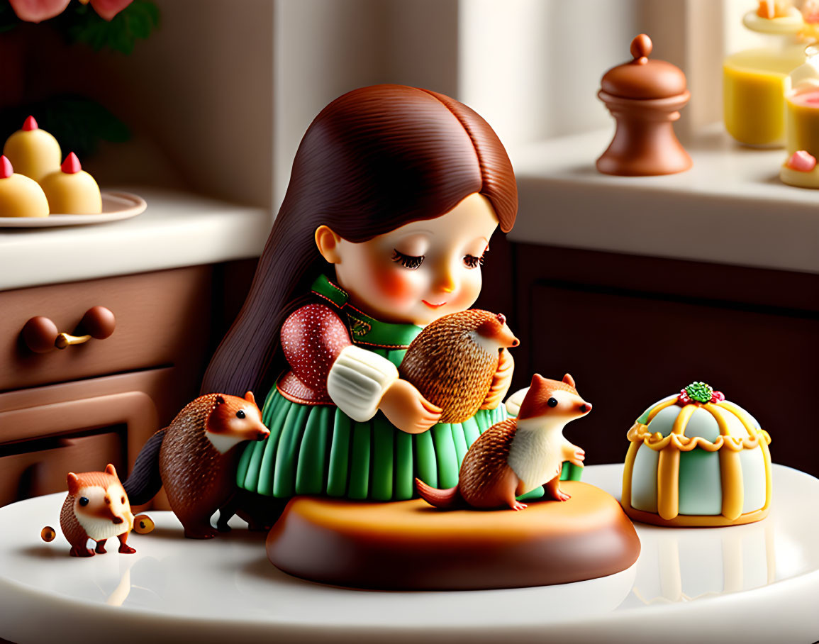 3D illustration of a girl with hedgehogs, cake, and pears on warm-toned