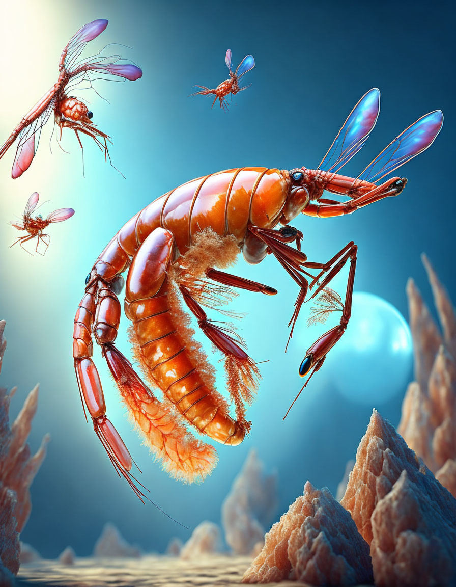 Detailed hyper-realistic illustration: Enlarged shrimp with mosquitoes in alien landscape