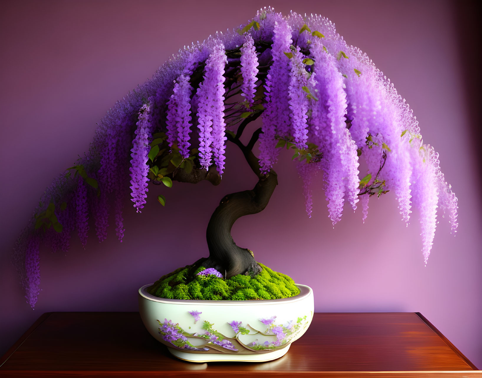 Curving trunk bonsai tree with cascading purple flowers in pot