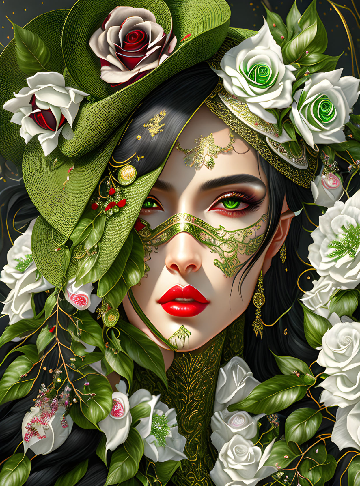 Woman with Green Makeup, Red Lips, Floral Headdress & Gold Jewelry