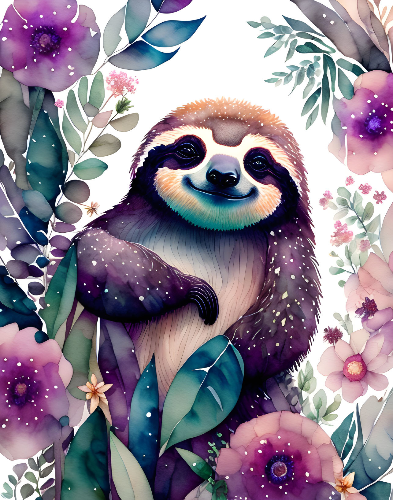 Colorful smiling sloth in vibrant floral setting