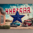 Classic cars at retro gas station with blue star and "HHR 81 AIR" sign under cloudy